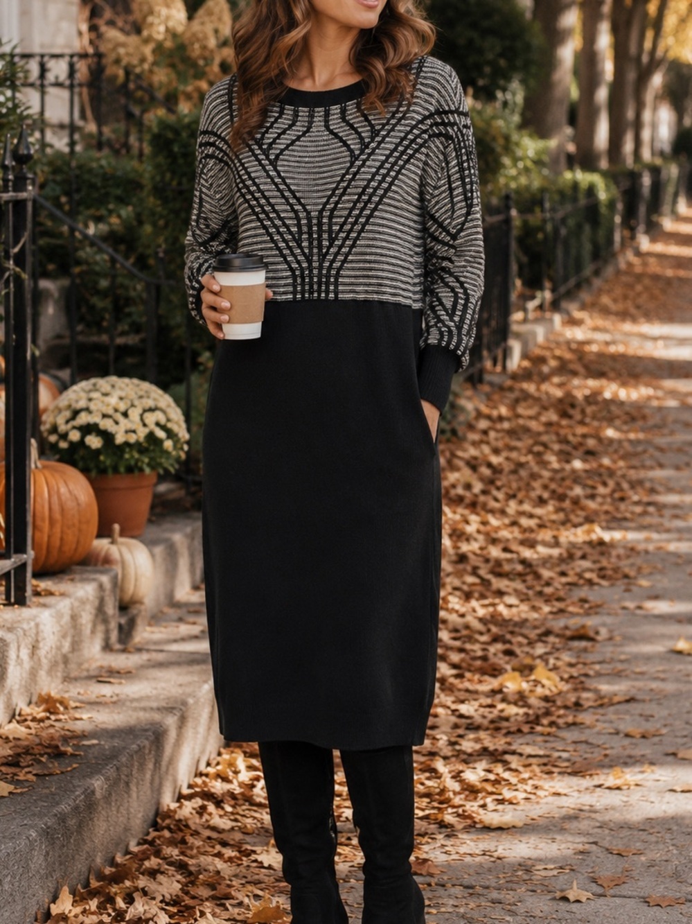 NWT Express Size XL Black Gray Geometric Knit Midi Sweater Dress Long Sleeve